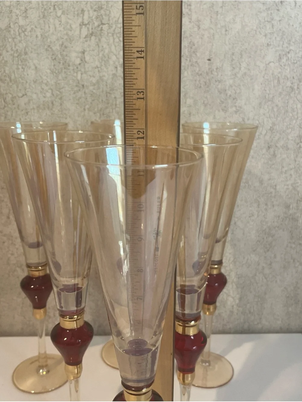 Vintage Pier 1 Imports Amber Luster Red Jewel Champaign Flute 11.5” Set of 6